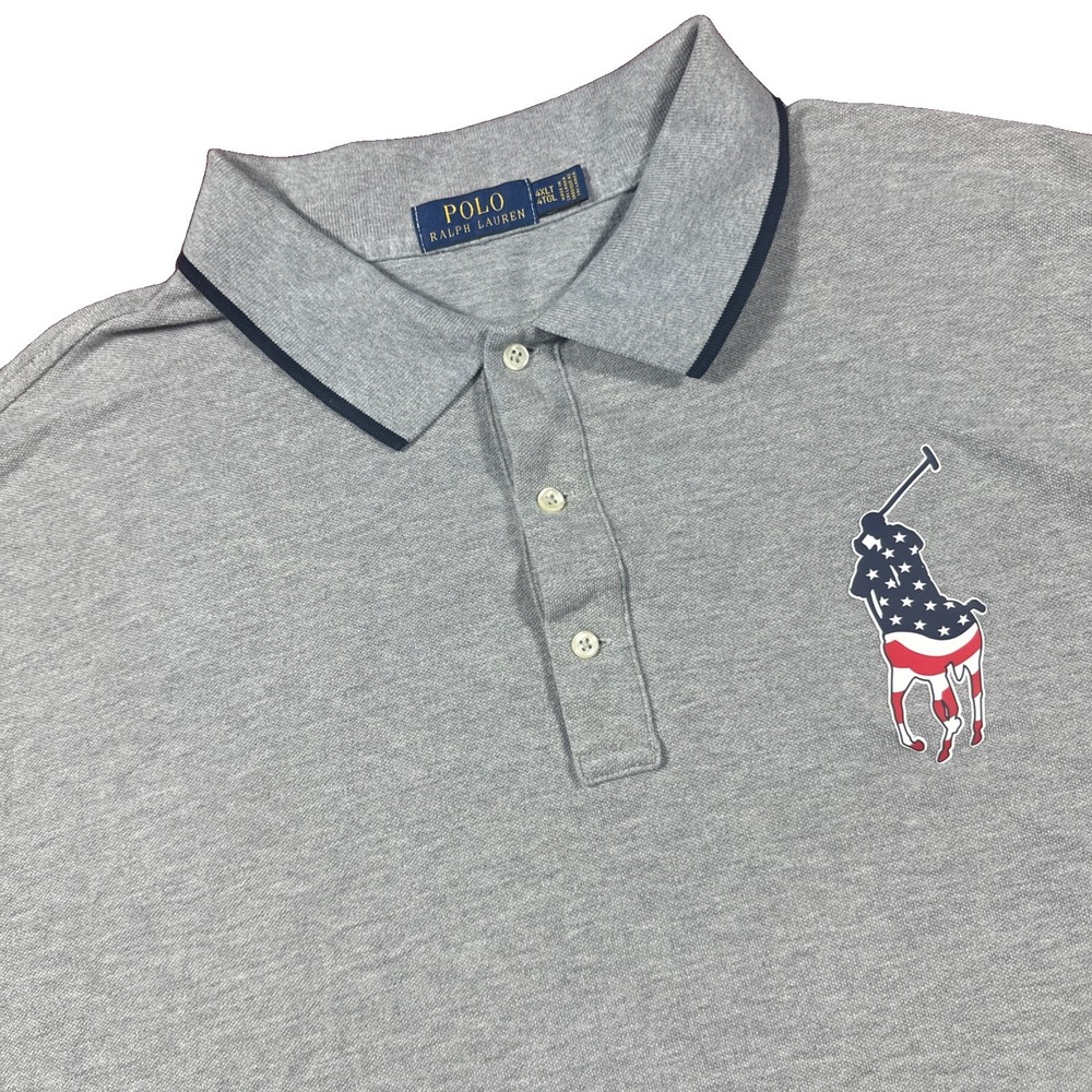 Polo Ralph Lauren Mens 4XLT Classic Fit Grey Big Pony USA Theme Flag Polo Shirt